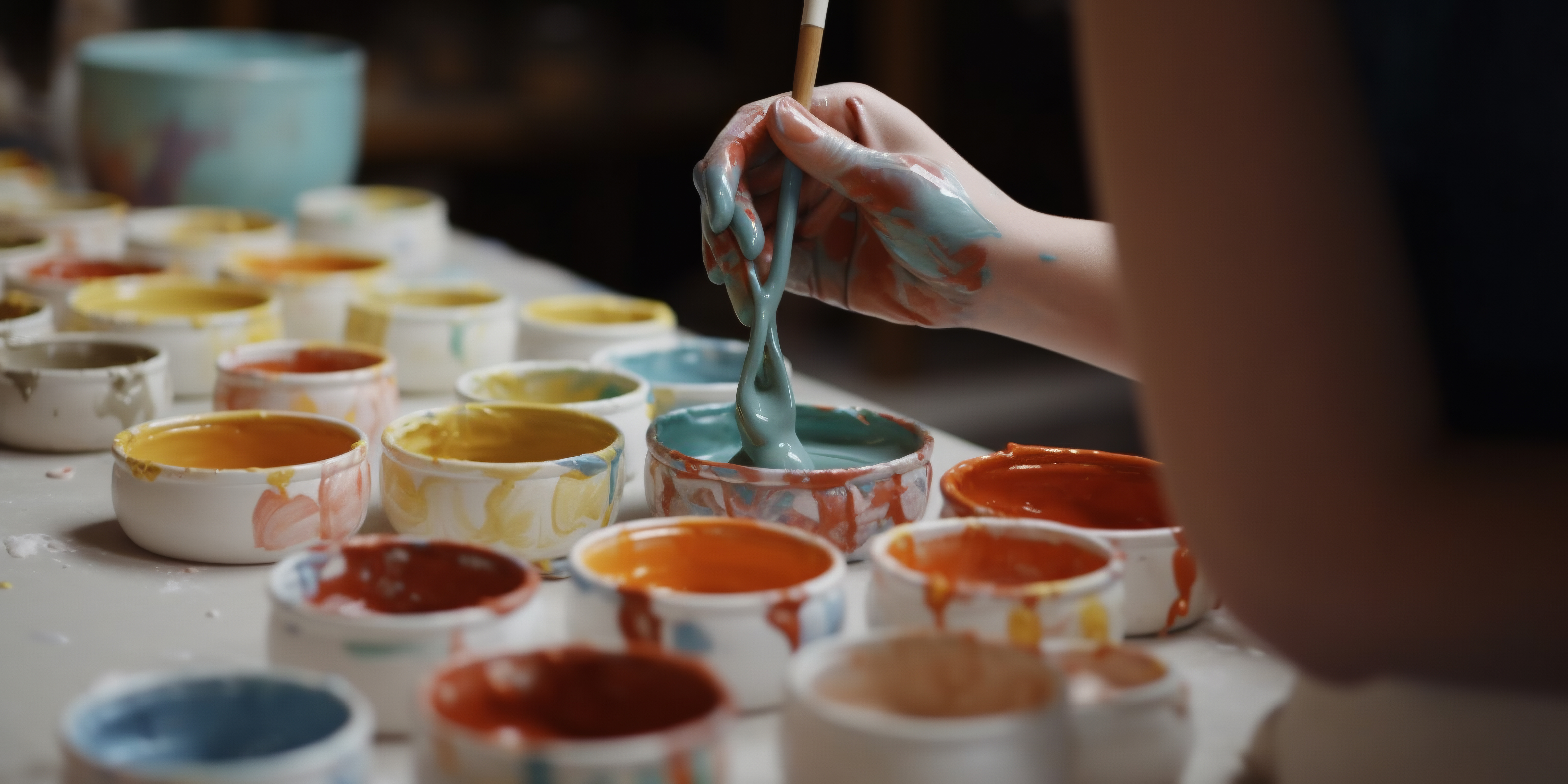 Pots of pottery glaze being dipped into.